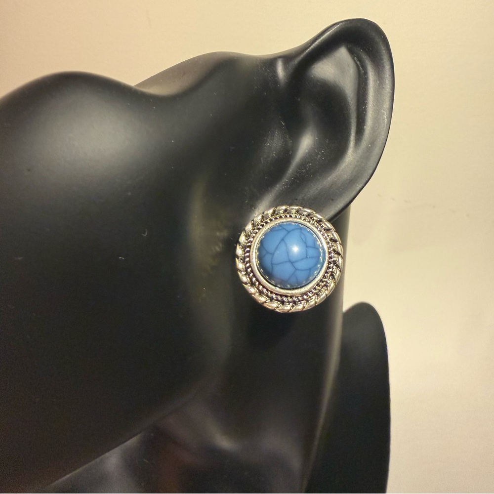 Blue Crackle Glass Faux Turquoise Earrings Silver-Tone Metal
New - Picture 2 of 7